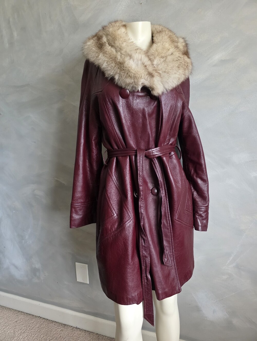 Vtg Burgundy Leather Trench Coat Genuine Fox Fur Collar Belt Midi No Size